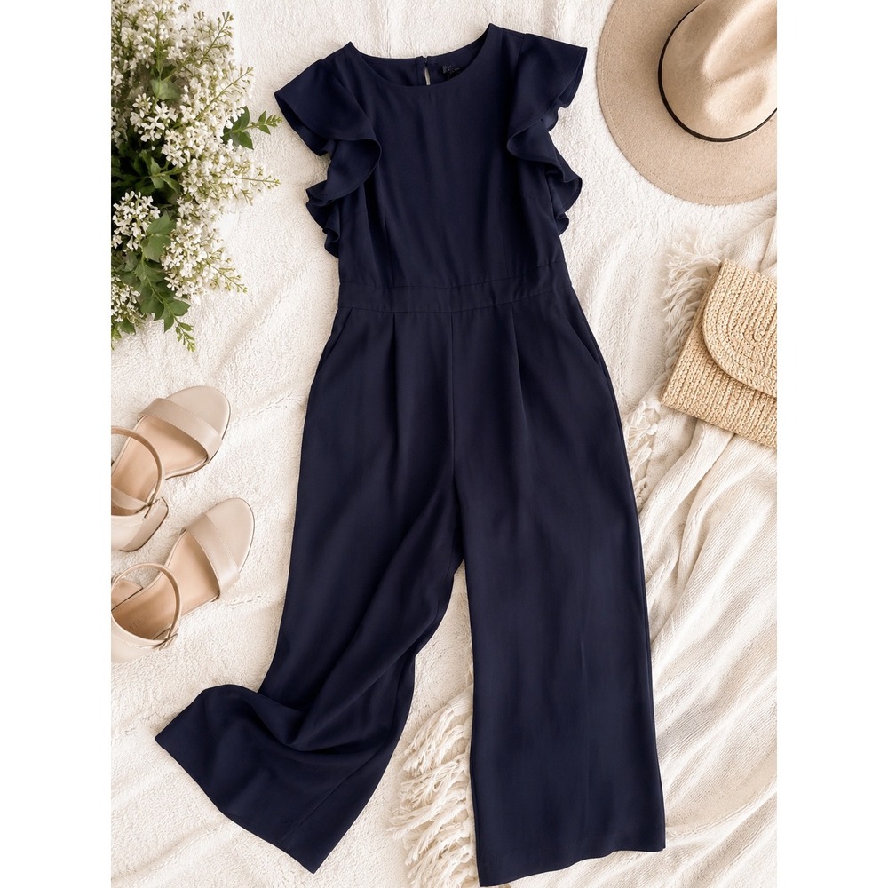 J.Crew Navy Blue Ruffle Sleeve Wide Leg Jumpsuit Tulip Back Size 10